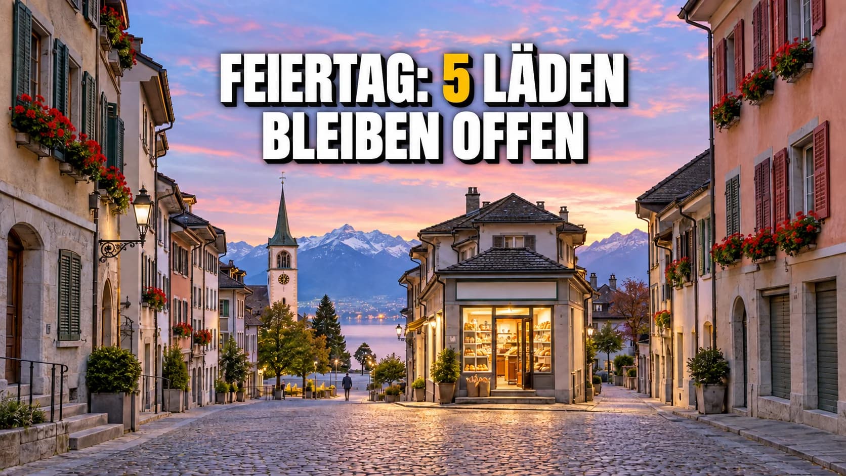 Schweizer Dorfstrasse im Morgenlicht mit geschlossenen Läden und einem einzigen beleuchteten Geschäft.