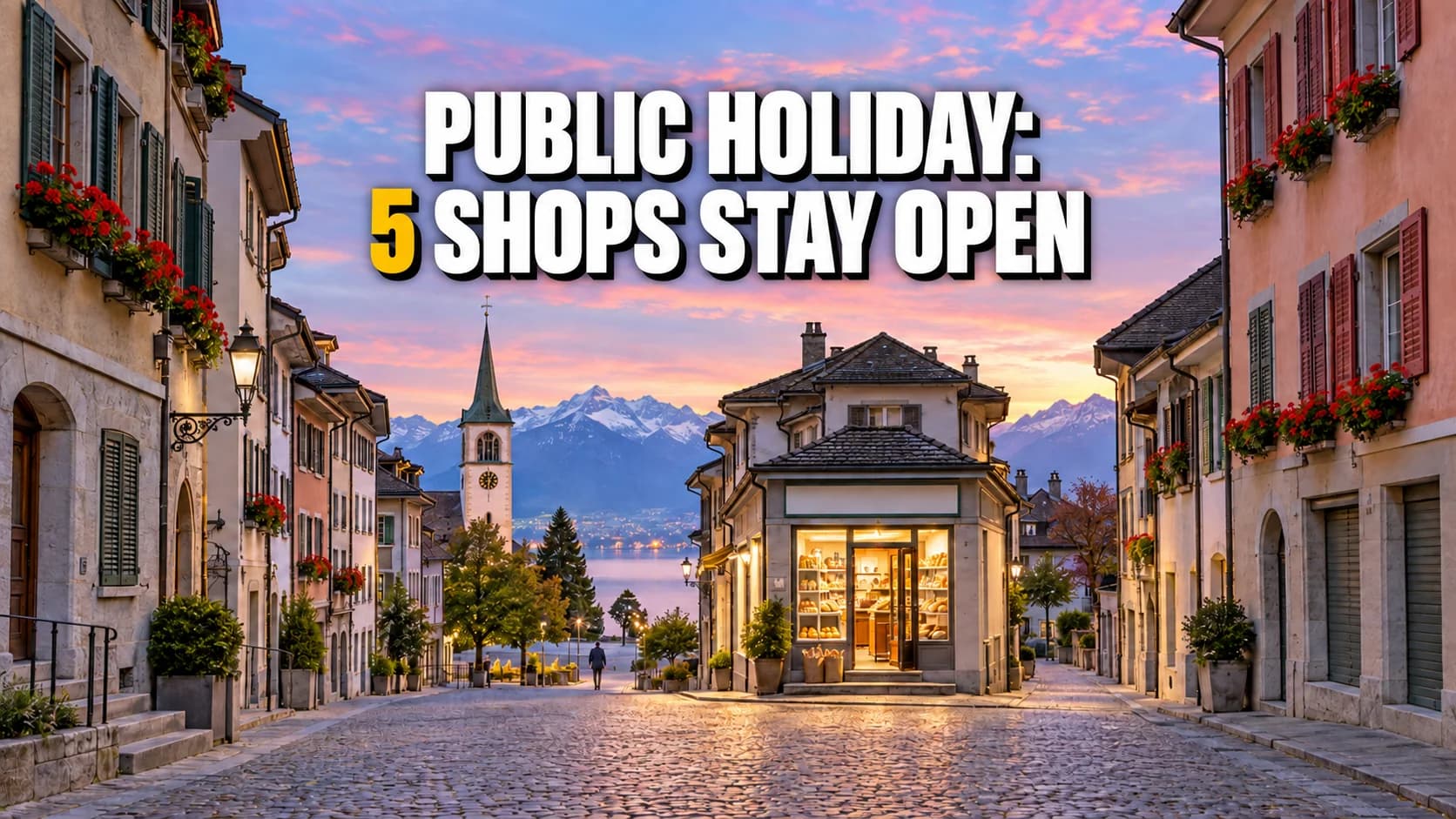 Swiss village street at dawn with closed shops and one illuminated store.