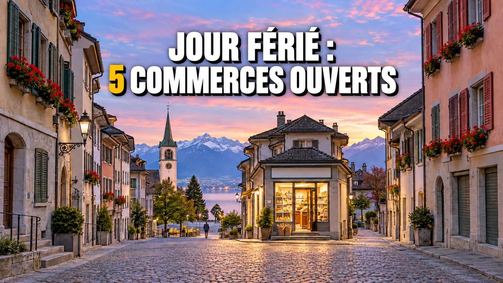 Rue d’un village suisse à l’aube, avec boutiques fermées et un seul commerce éclairé.