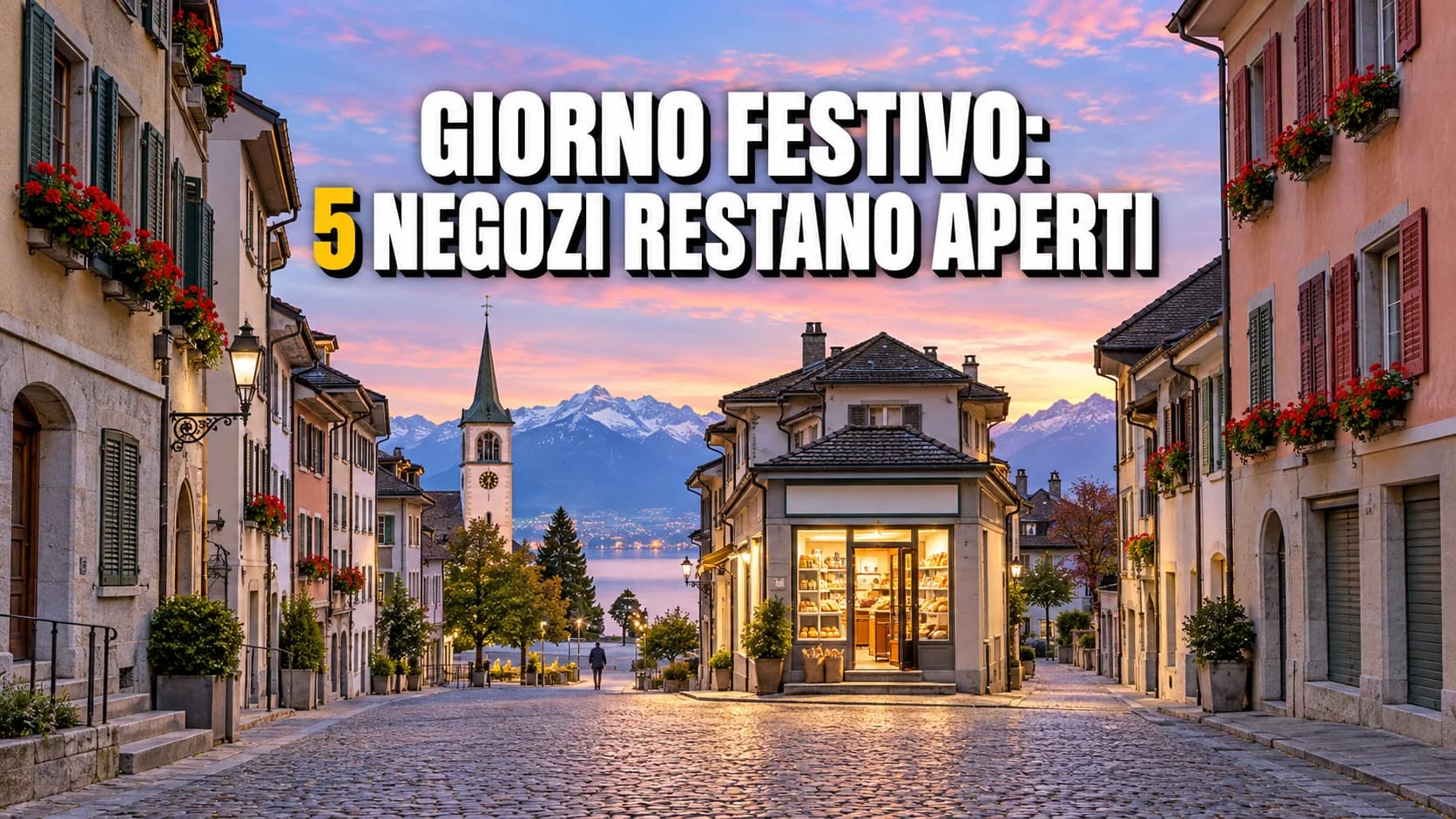 Strada di un borgo svizzero all’alba, tutte le imposte chiuse e un solo piccolo negozio illuminato in fondo alla via.