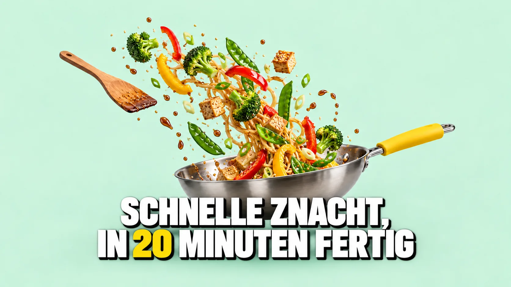 Bratpfanne im Schwung, Peperoni, Broccoli, Tofu und Nudeln fliegen durch die Luft