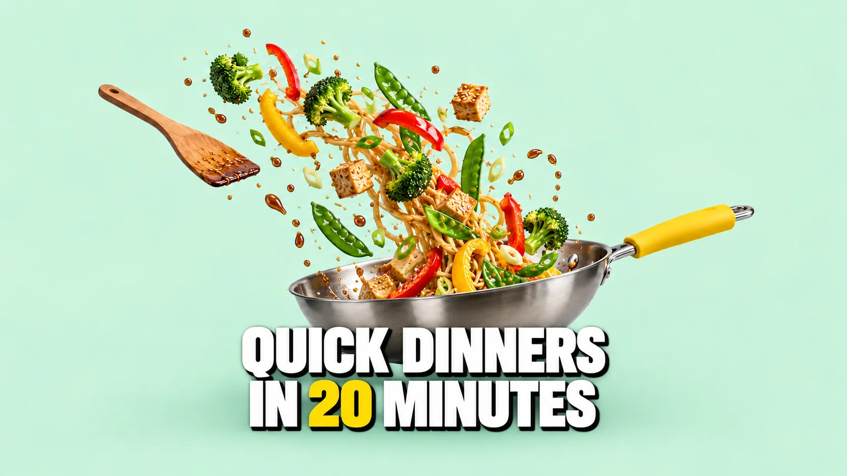 Frying pan mid-toss with peppers, broccoli, tofu and noodles suspended in mid-air