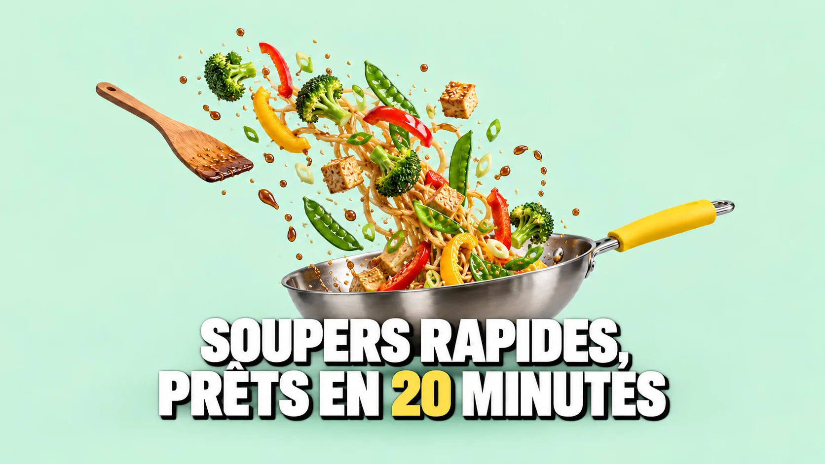 Poêle en plein mouvement, poivrons, brocoli, tofu et nouilles suspendus dans les airs