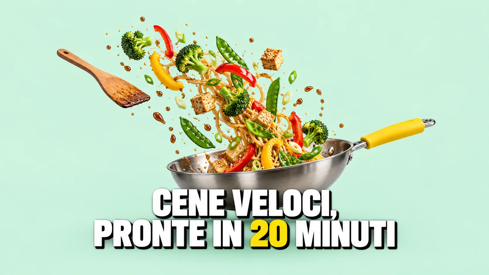 Padella al salto con peperoni, broccoli, tofu e noodles sospesi a mezz’aria