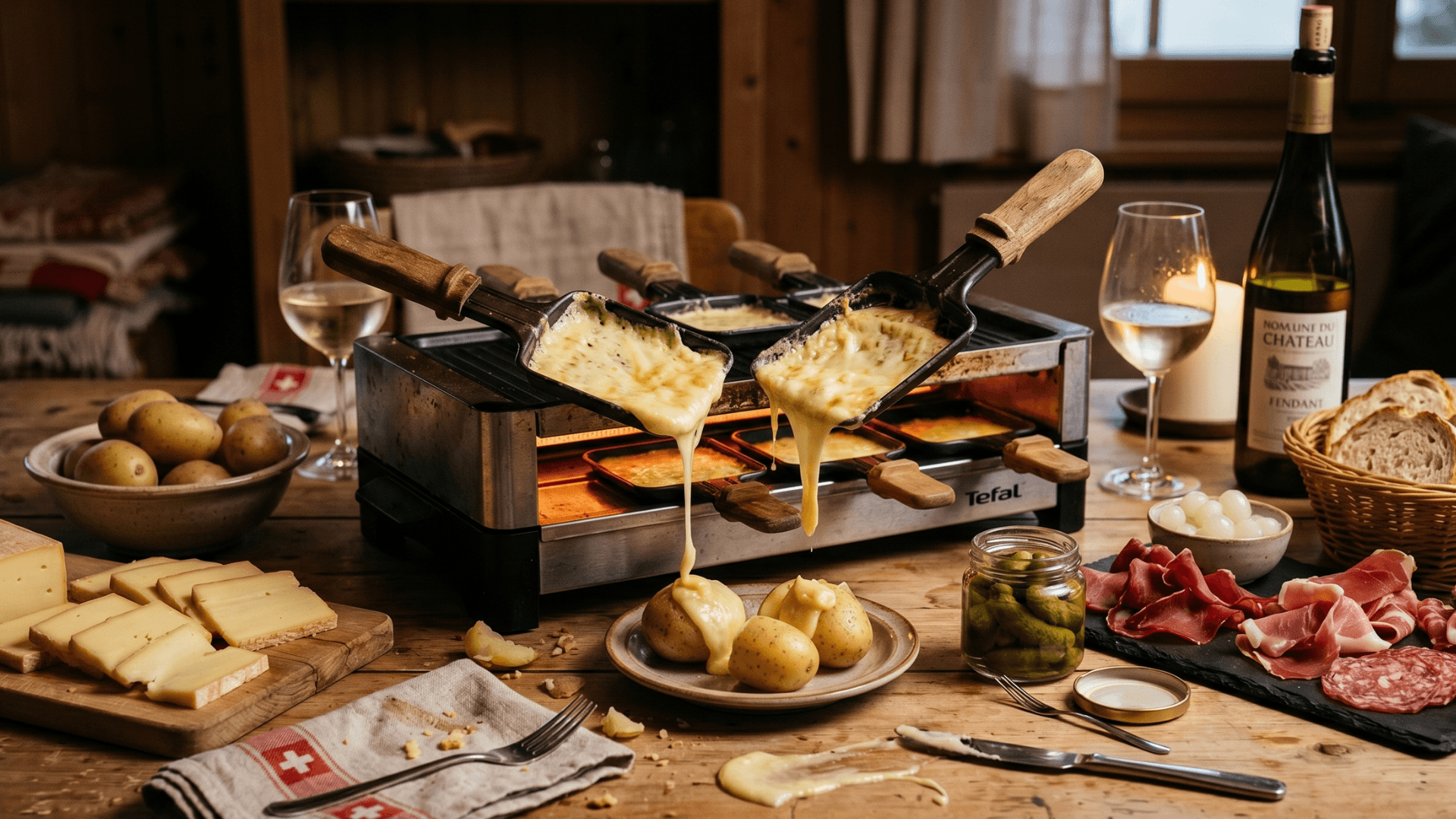 Soirée raclette suisse — fromage, pommes de terre, charcuterie, Fendant pour 4 personnes