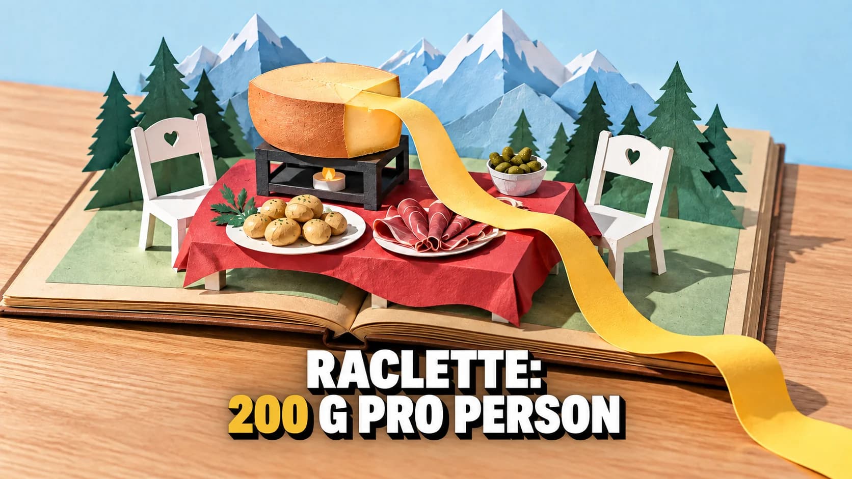 Papier-Pop-up eines Raclette-Essens mit Käse, Kartoffeln, Aufschnitt und gelbem Käseband.