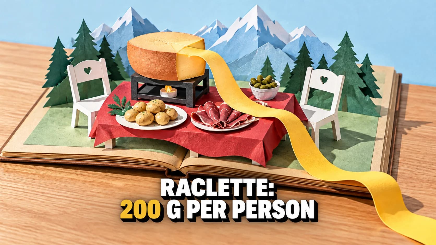 Paper pop-up raclette meal with cheese, potatoes, cold cuts and a yellow cheese ribbon.