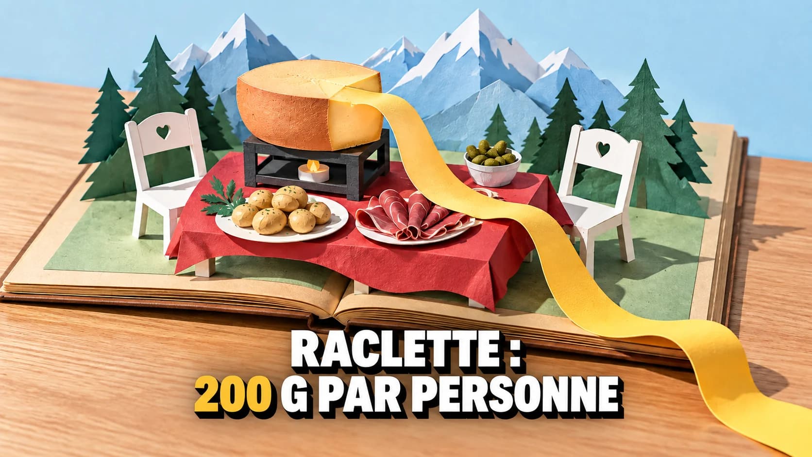 Repas de raclette en papier pop-up avec fromage, pommes de terre et charcuterie.