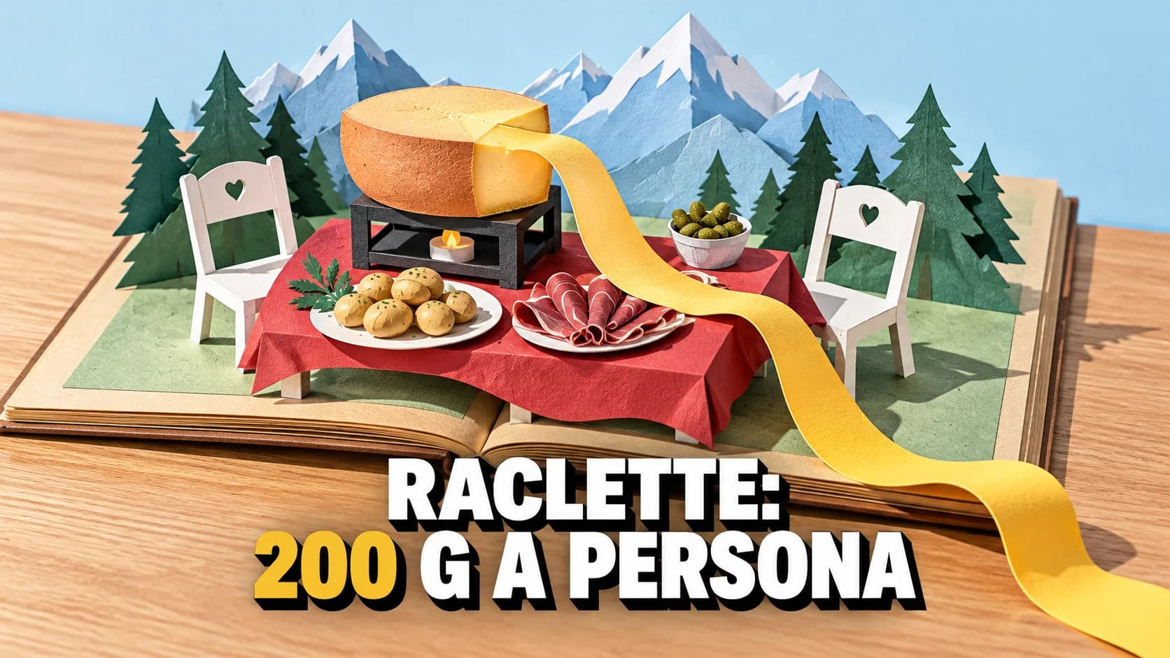 Scena pop-up di carta con un mezzo forma di formaggio, patate e affettati che si alza da un libro di ricette, e un nastro giallo di formaggio fuso che esce dalla pagina