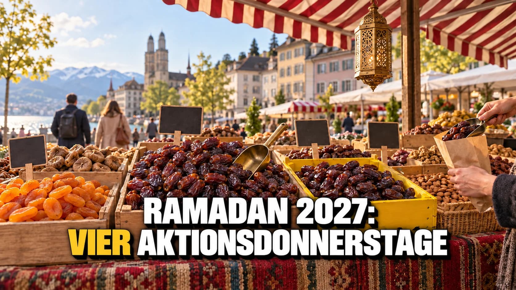 Marktstand mit Kisten voller Datteln, getrockneter Aprikosen, Feigen und Mandeln unter einer gestreiften Markise, daran eine durchbrochene Laterne.
