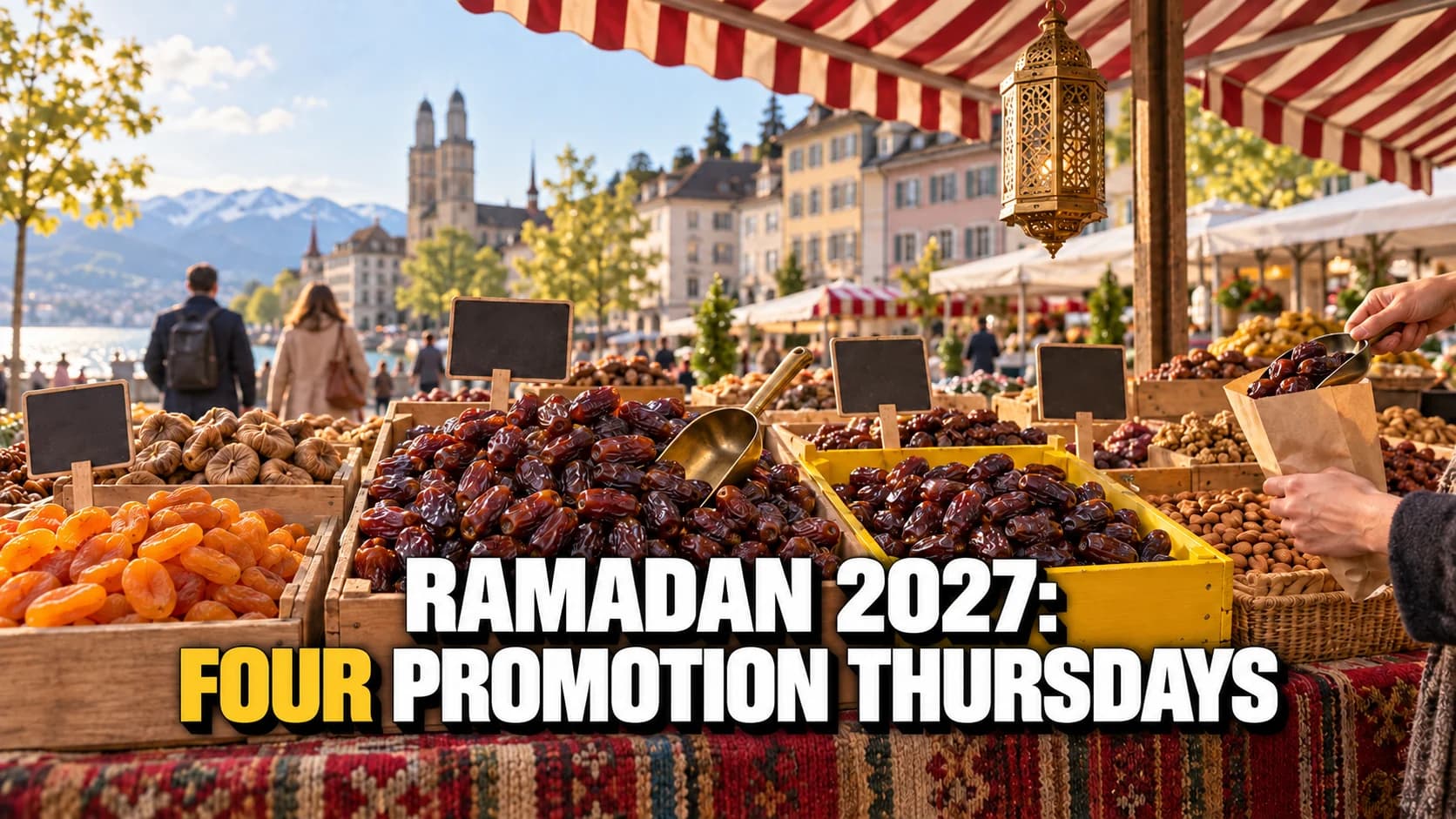 A market stall with crates of dates, dried apricots, figs and almonds under a striped awning, with a pierced lantern hanging above.