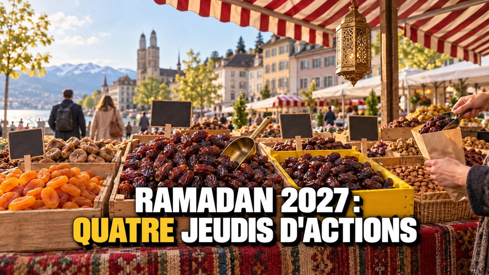 Étal de marché aux caisses de dattes, d’abricots secs, de figues et d’amandes sous un store rayé, une lanterne ajourée suspendue au-dessus.
