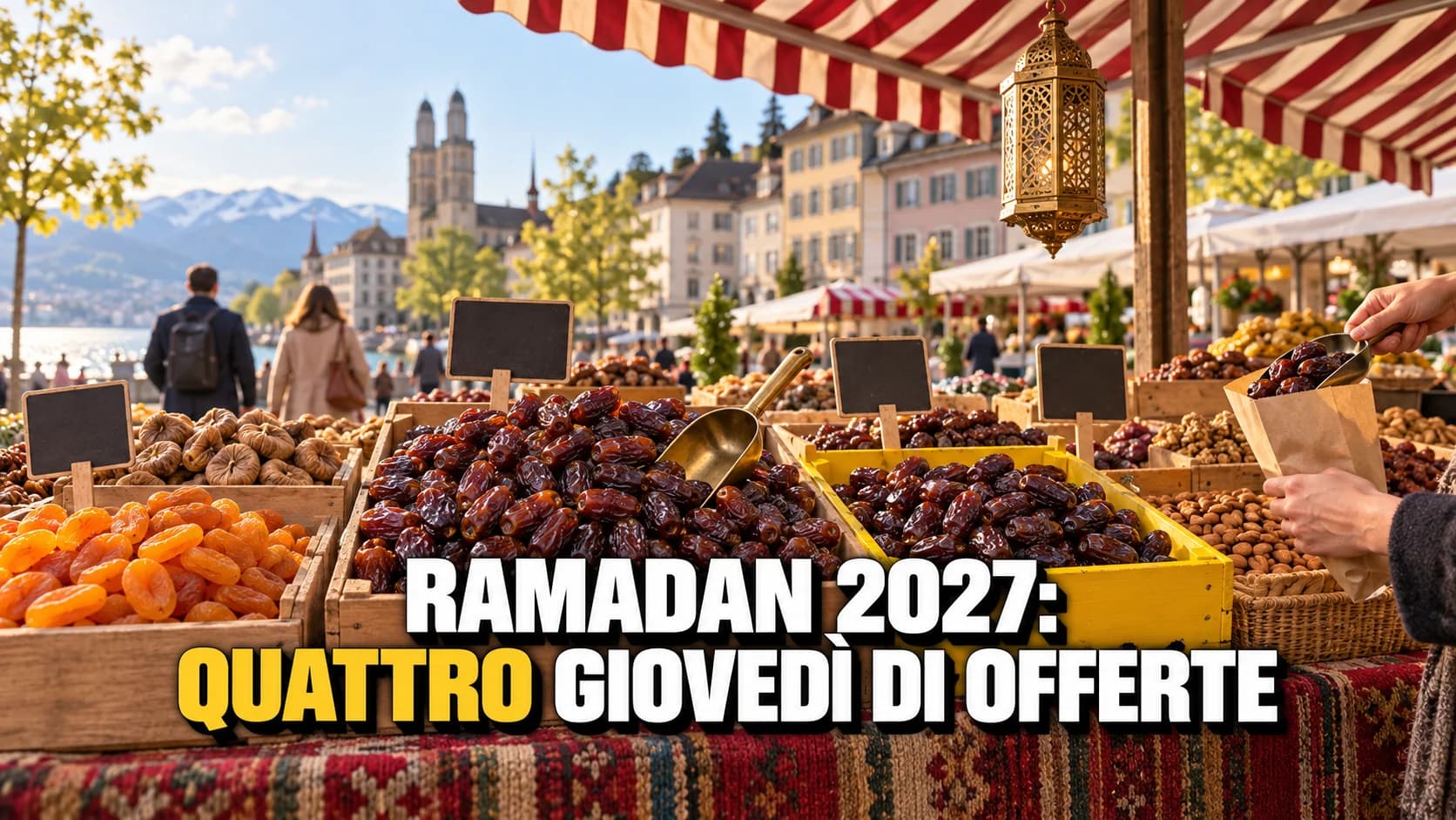 Banco di mercato con casse di datteri, albicocche secche, fichi e mandorle sotto una tenda a righe, con una lanterna traforata appesa.
