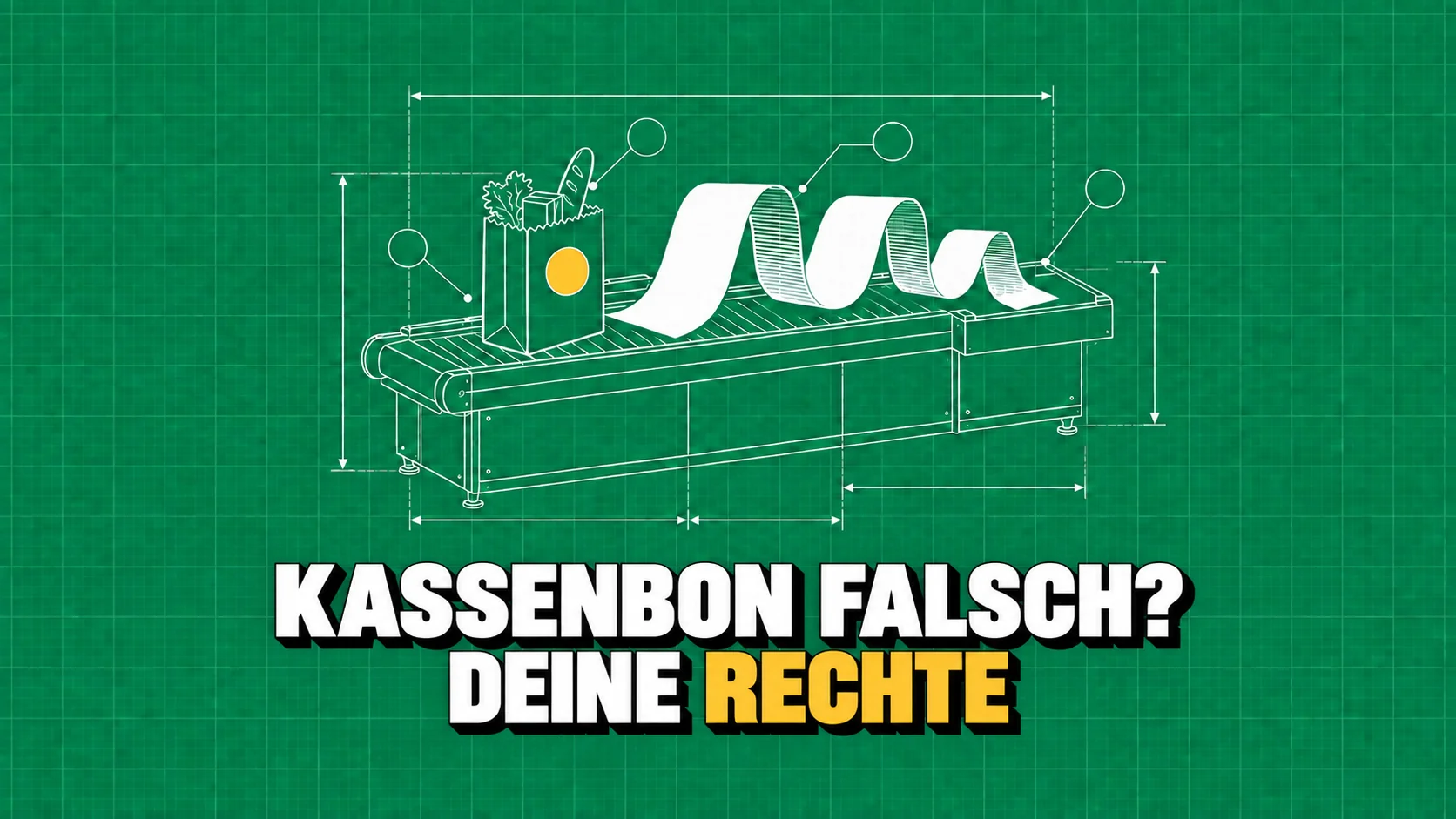 Technische Zeichnung von Kasse, Tasche und langem unbedrucktem Kassenbon.