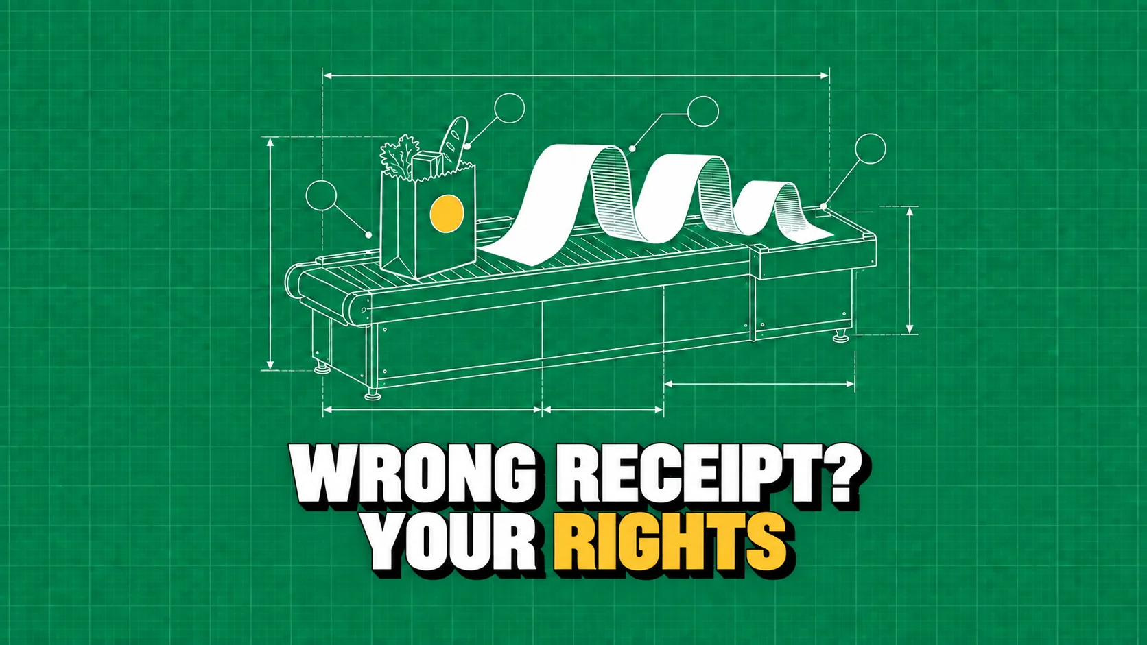 Technical drawing of a checkout, bag and long blank receipt.
