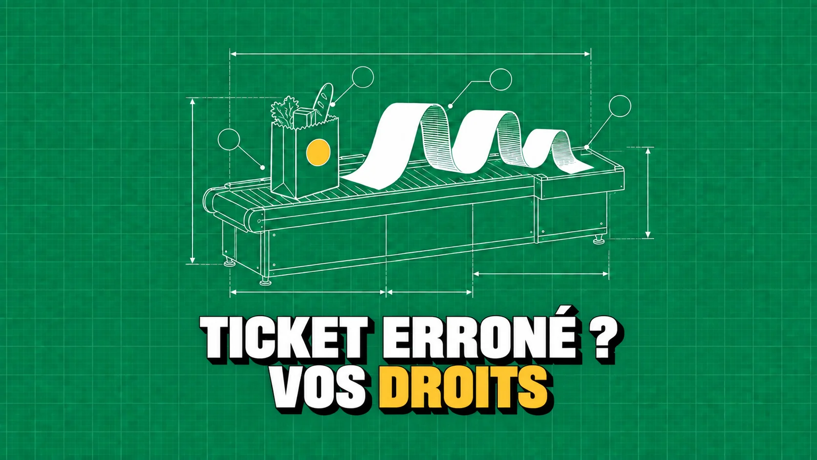 Dessin technique de caisse, sac et long ticket sans texte.