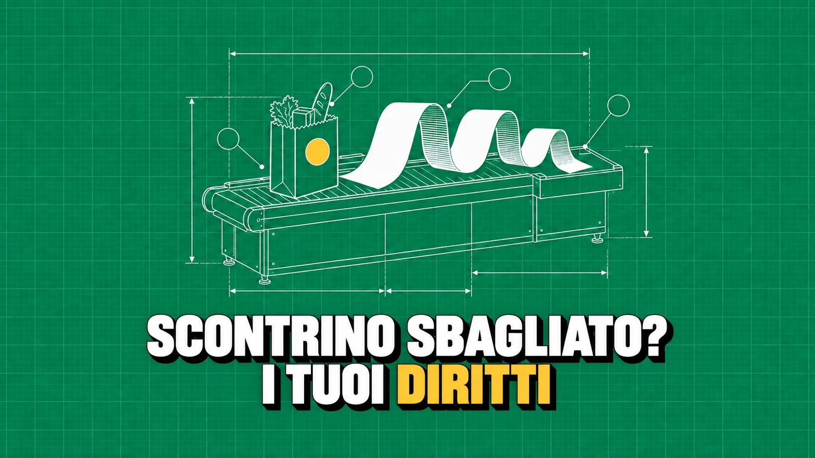 Disegno tecnico di cassa, borsa e scontrino lungo senza scritte.