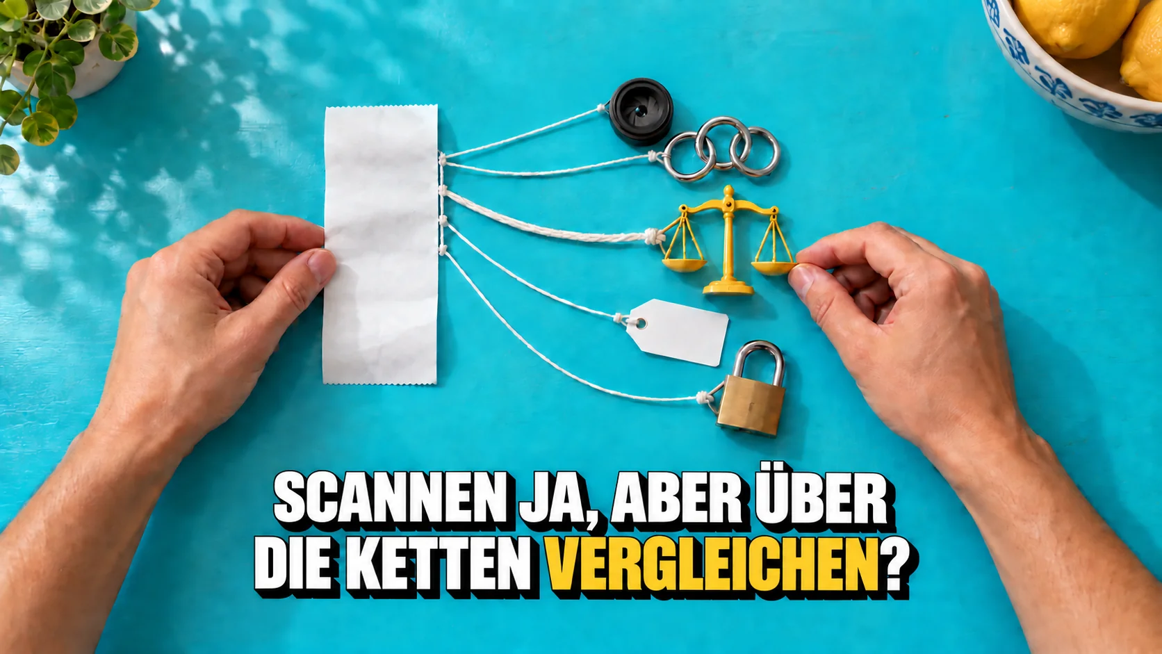 Hände verbinden einen leeren Kassenbon mit Lupe, Waage, Schild und Schloss.