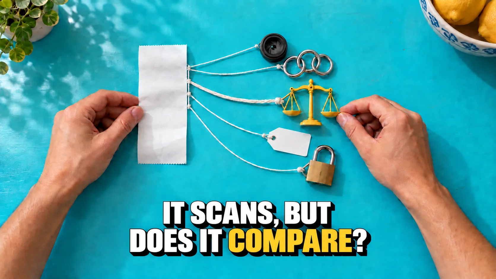 Hands connect a blank receipt to a magnifier, scales, tag and padlock.