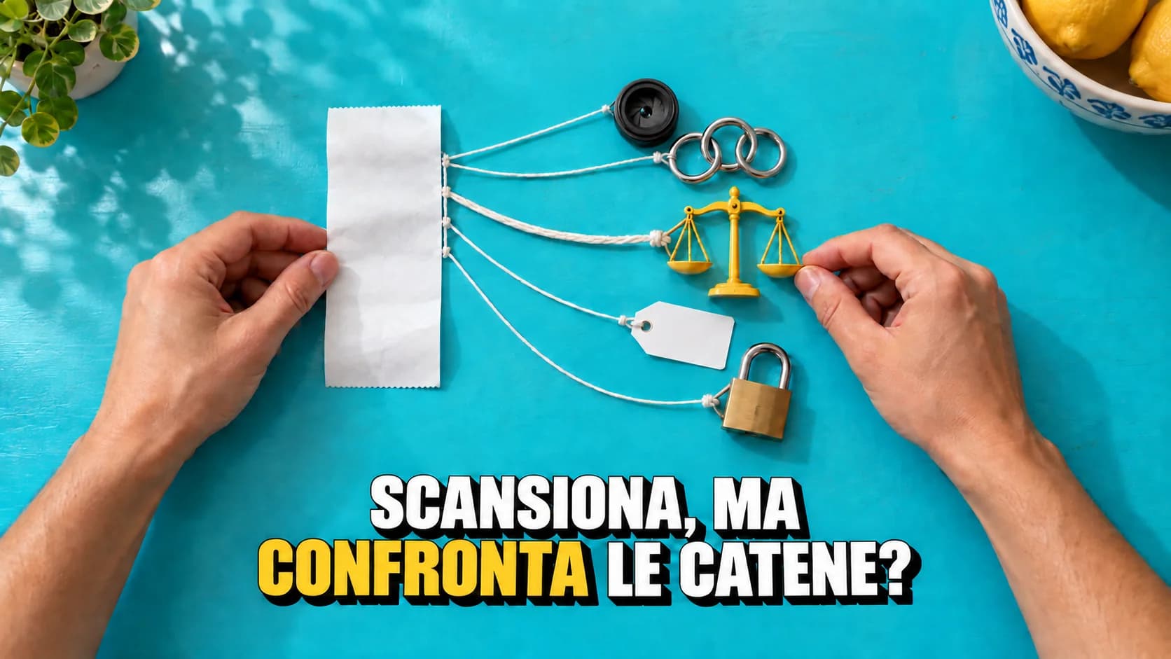 Mani collegano uno scontrino vuoto a lente, bilancia, cartellino e lucchetto.