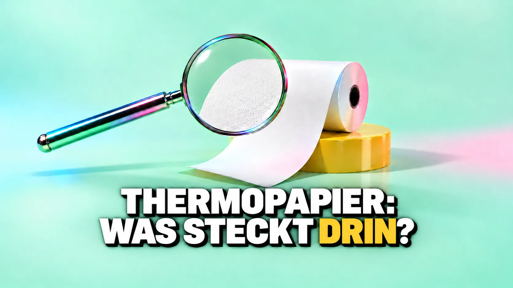 Rolle aus weissem Thermopapier auf einem gelben Sockel, eine Lupe zeigt die Körnung der Beschichtung