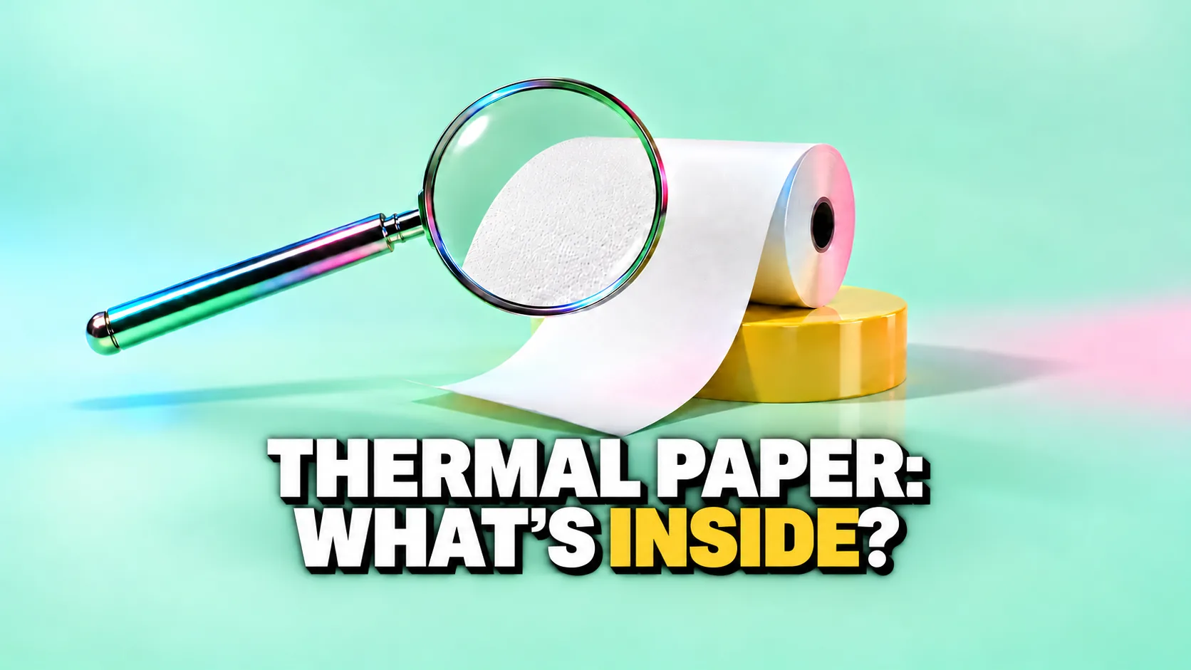 Roll of white thermal paper on a yellow pedestal, a magnifying glass showing the grain of the coating