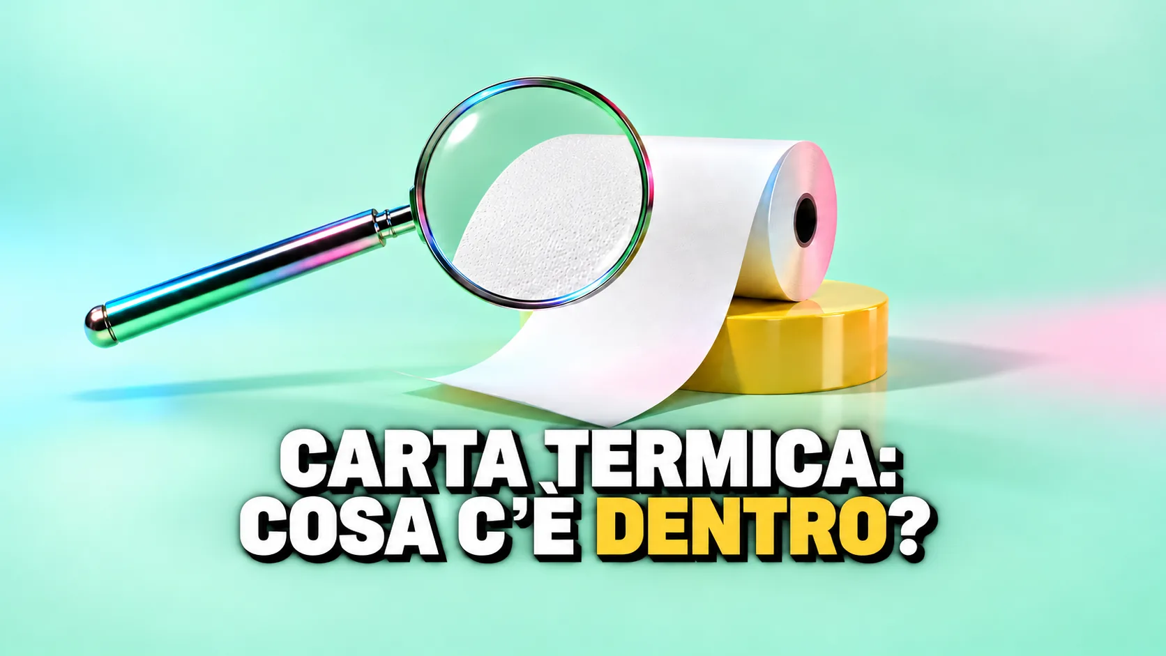 Rotolo di carta termica bianca su un piedistallo giallo, con una lente che mostra la grana del rivestimento