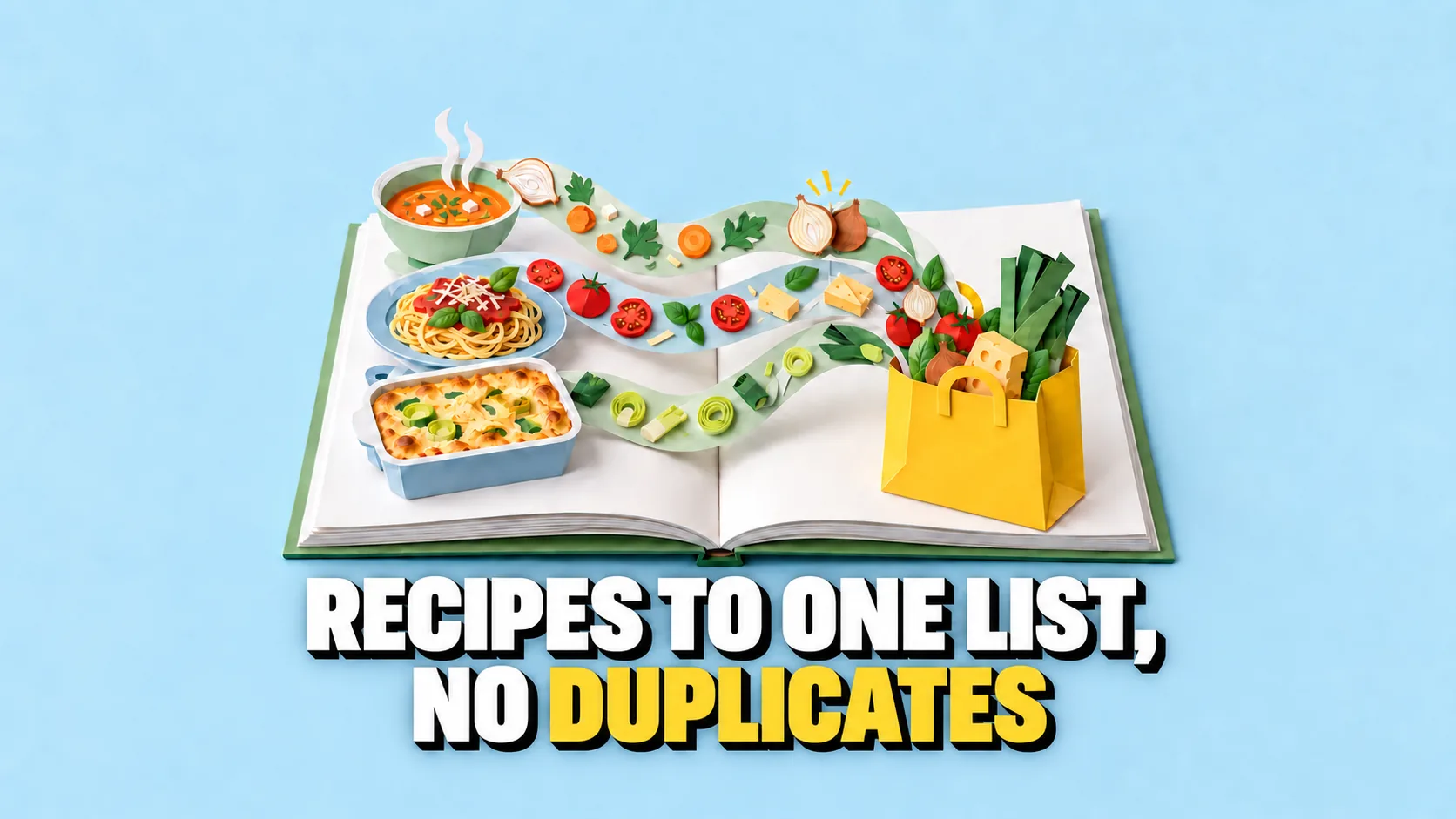 Paper pop-up book: three dishes send their ingredients into a single yellow bag