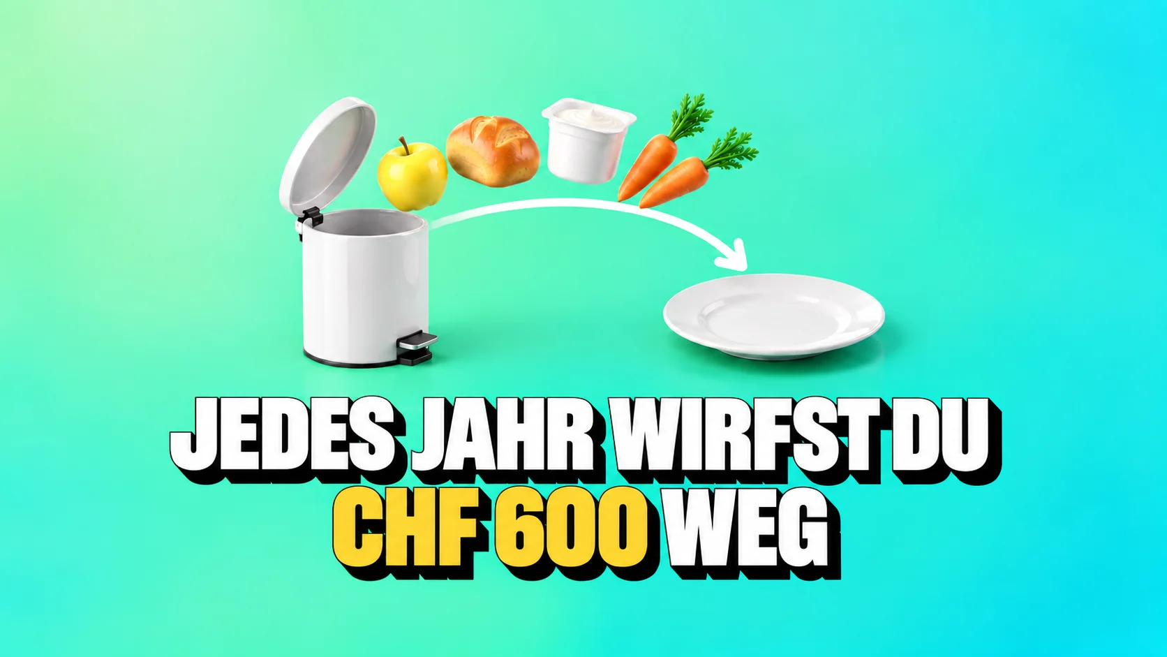 Lebensmittel folgen einem gelben Pfeil vom Abfalleimer zum Teller.