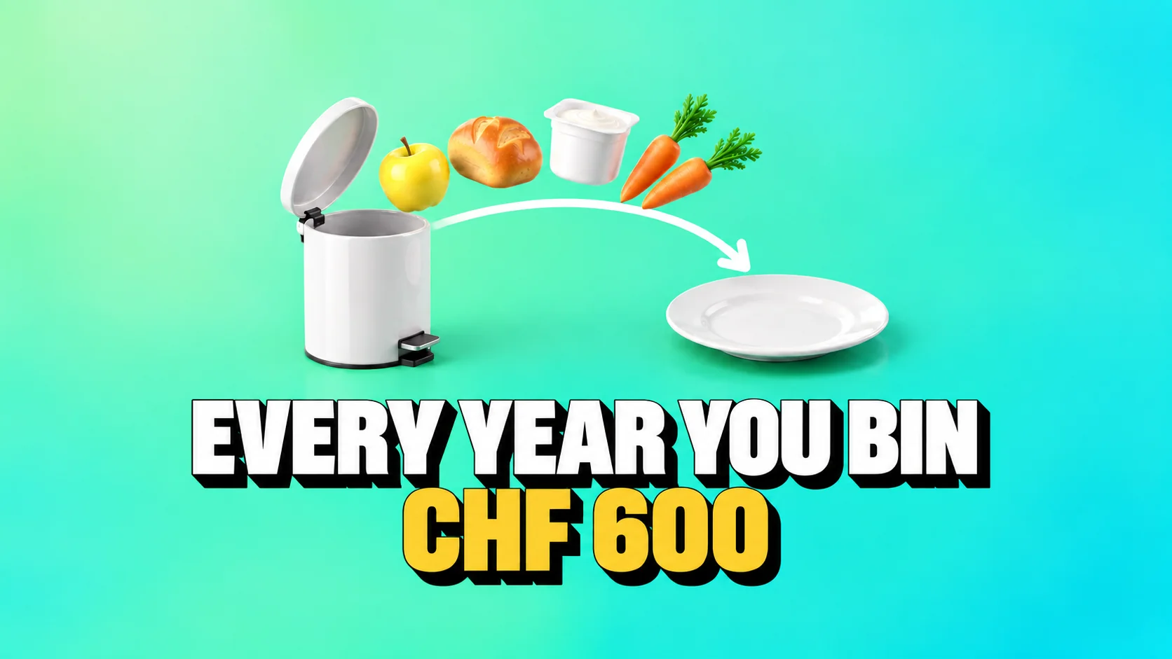 Food follows a yellow arrow away from a bin towards a plate.