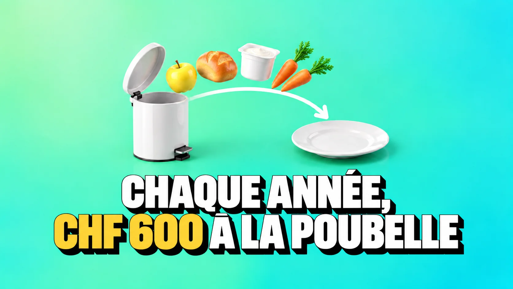 Des aliments suivent une flèche jaune de la poubelle vers une assiette.