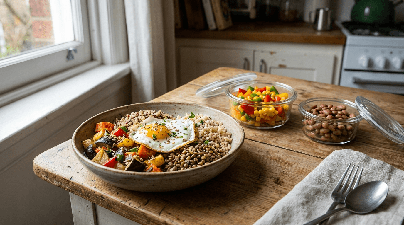 A colorful leftovers bowl with an egg and jars of remaining ingredients: using up leftovers saves money, with leftover recipes live in Rappn.