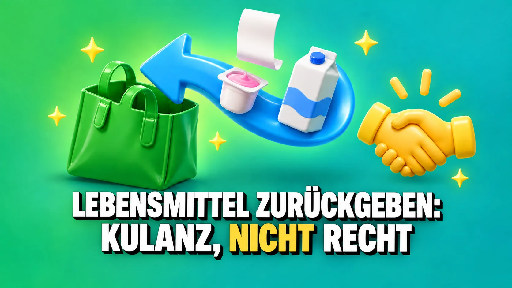 Glänzende 3D-Rückgabepfeile mit Joghurt, Milch, grüner Tasche und gelbem Handschlag.