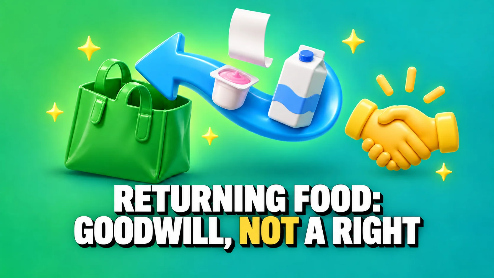 Glossy 3D return-arrow scene with yogurt, milk, a green bag and yellow handshake.