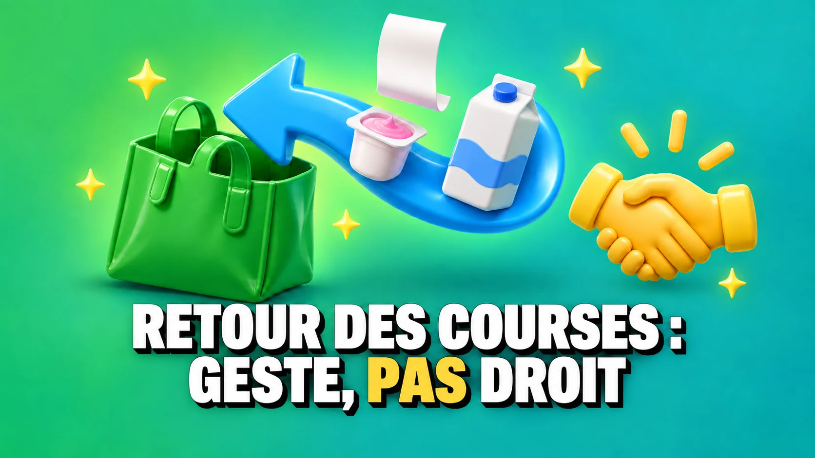 Icônes 3D de retour avec yaourt, lait, sac vert et poignée de main jaune.