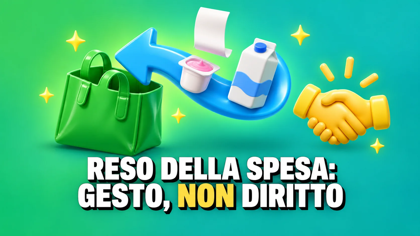 Icone 3D lucide su sfondo verde: una freccia a U riporta uno yogurt e un cartone di latte dentro un sacchetto, accanto una stretta di mano gialla.