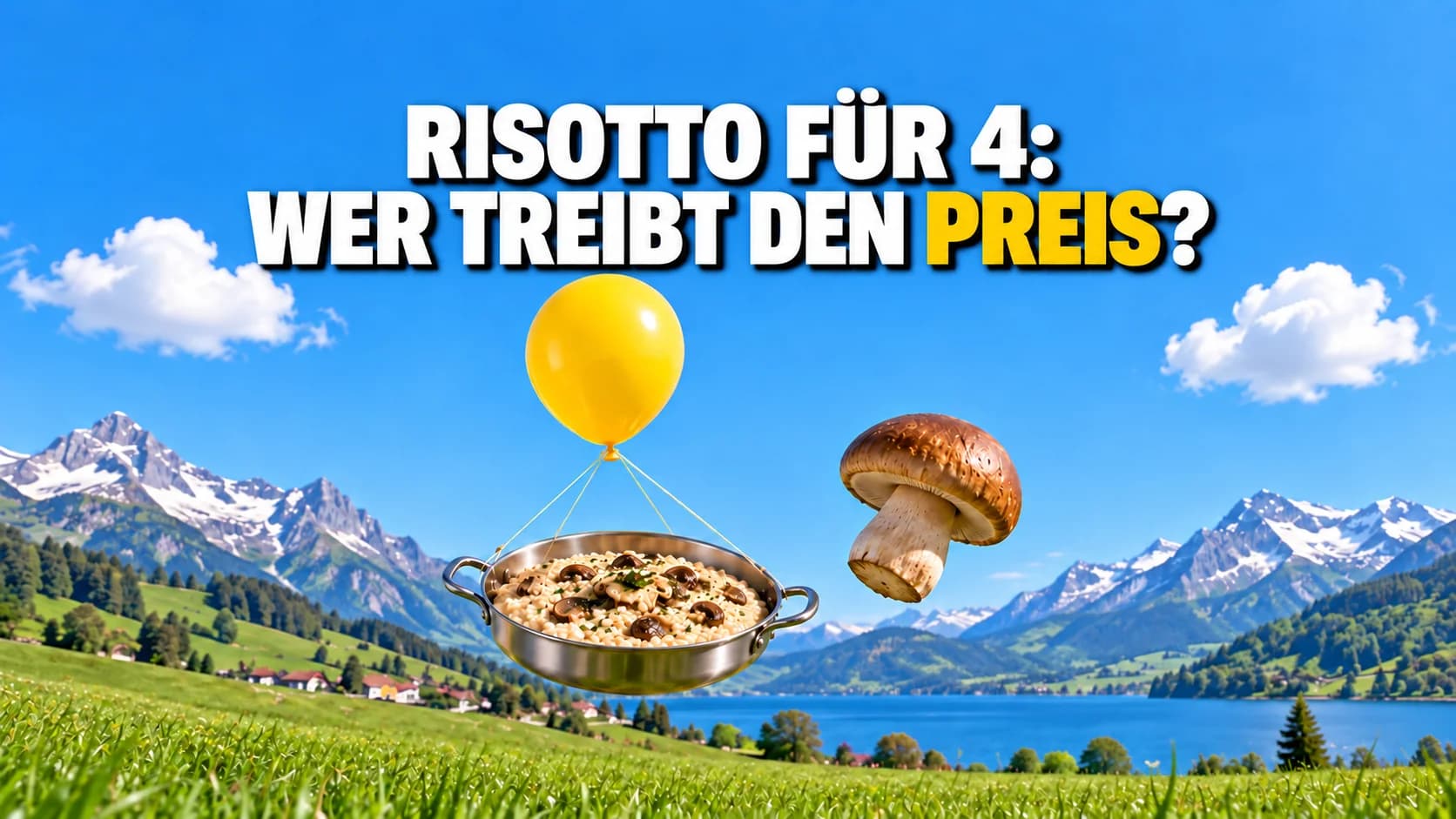 Risottopfanne und Pilz schweben an einem gelben Ballon über einer Wiese.