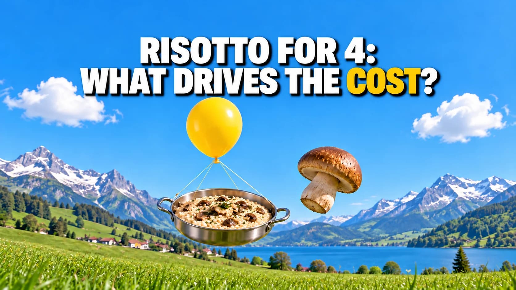 A risotto pan and mushroom float beneath a yellow balloon above a meadow.