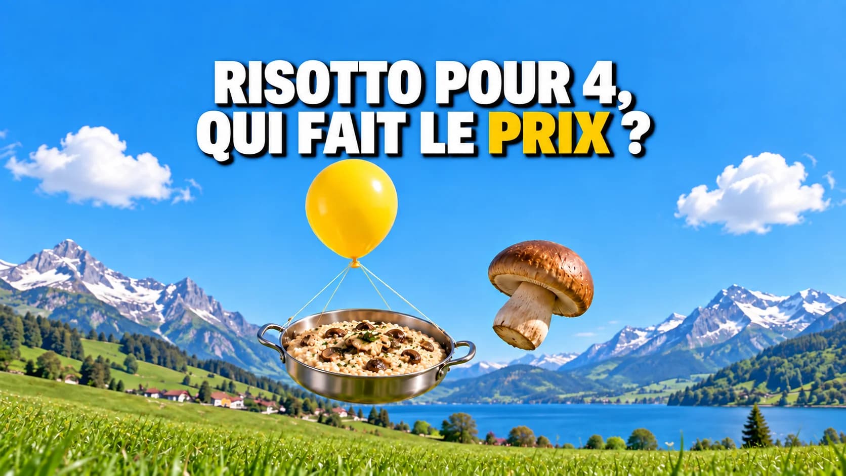 Une poêle de risotto et un champignon flottent sous un ballon jaune au-dessus d’un pré.
