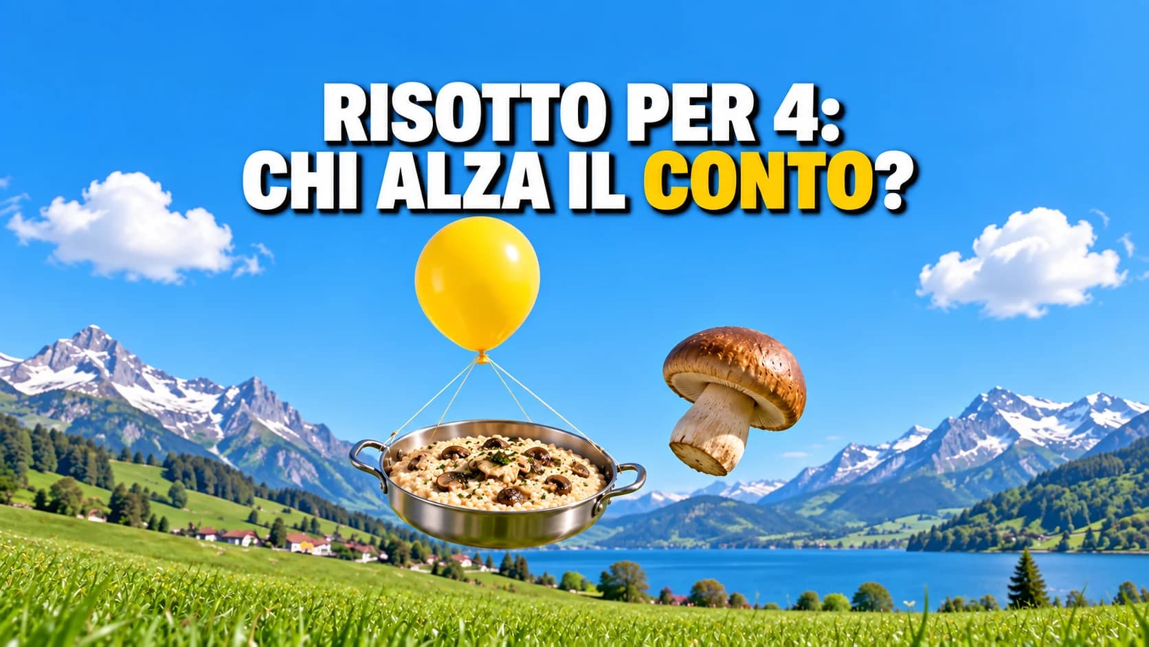Una padella di risotto e un fungo fluttuano sotto un palloncino giallo sopra un prato verde.