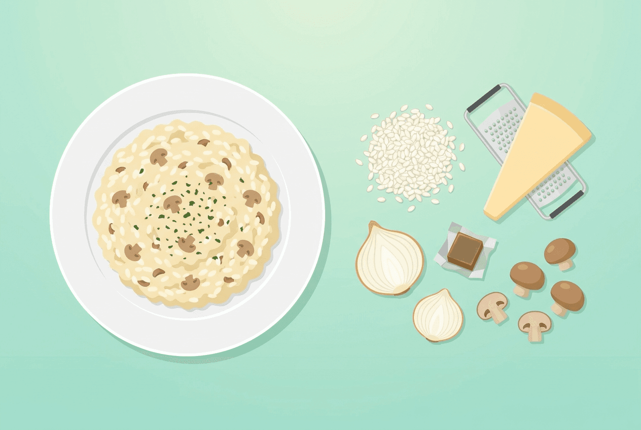 Cremiges Risotto in einer Pfanne, daneben eine Schale geriebener Hartkäse, eine Prise Safran und frische Champignons auf einer Küchenarbeitsfläche.