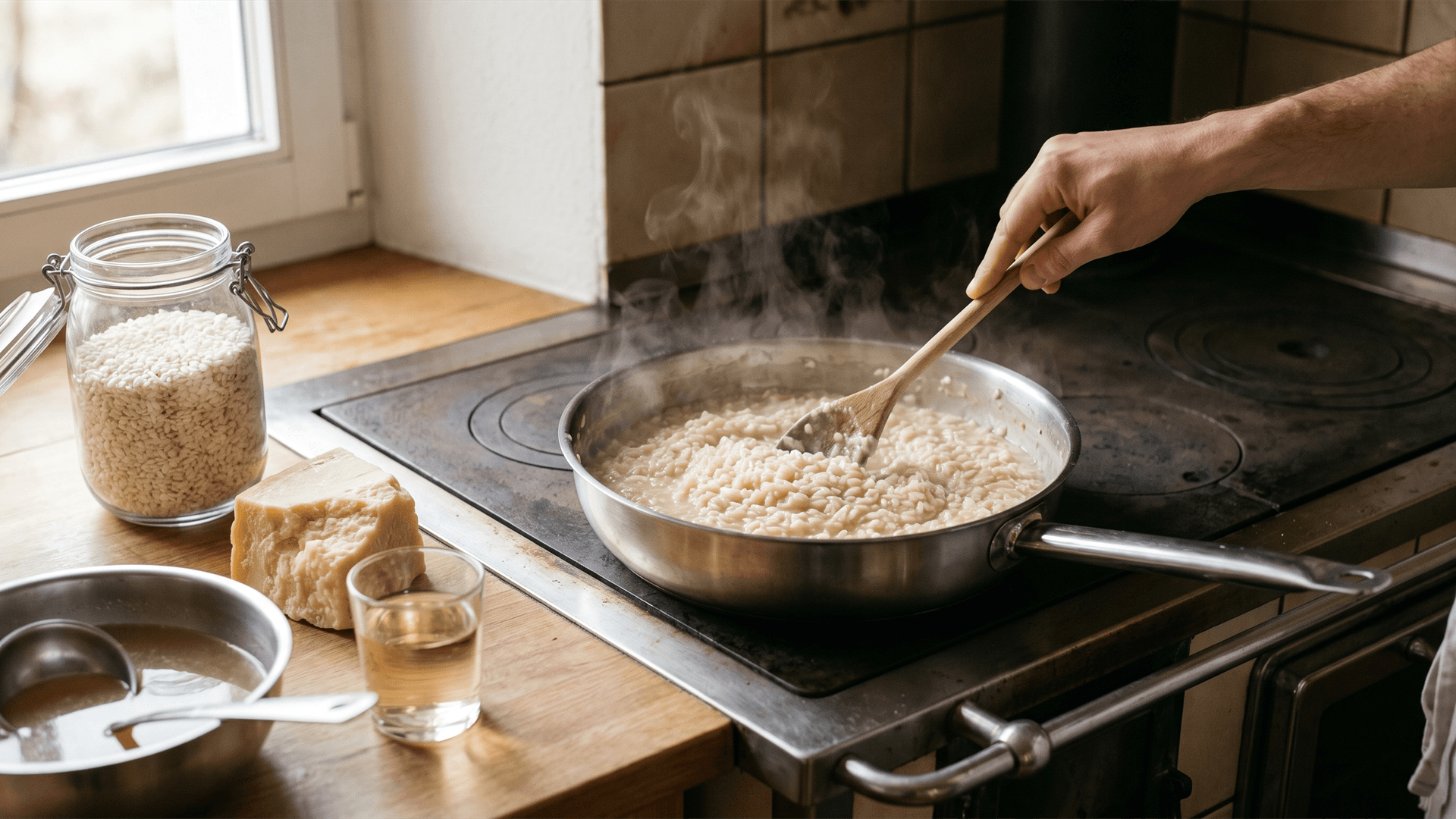 Risotto cremoso in una padella, con accanto una ciotola di formaggio grattugiato, un pizzico di zafferano e funghi freschi su un piano da cucina.
