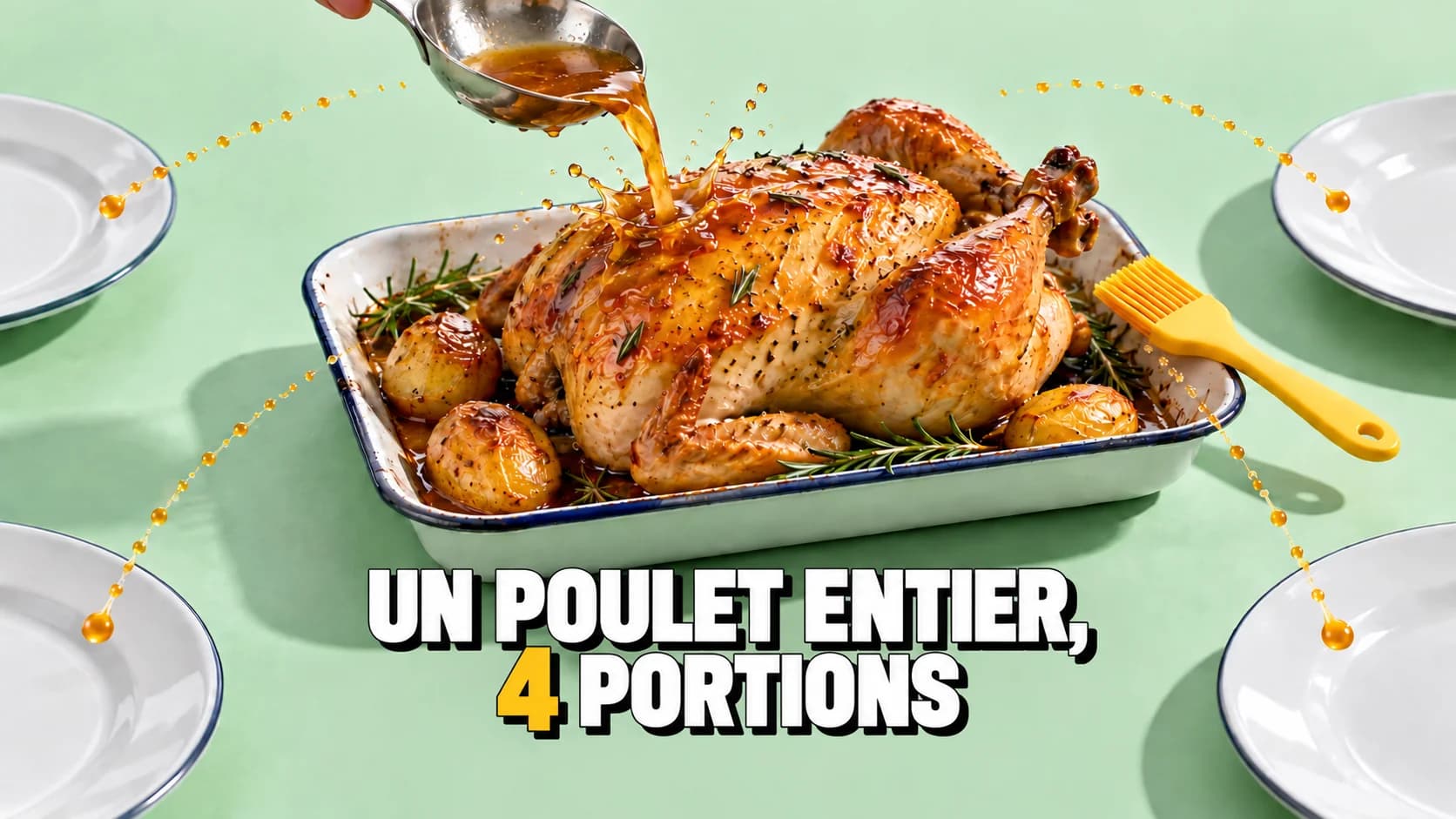 Une sauce dorée coule sur un poulet rôti entouré de quatre assiettes vides.