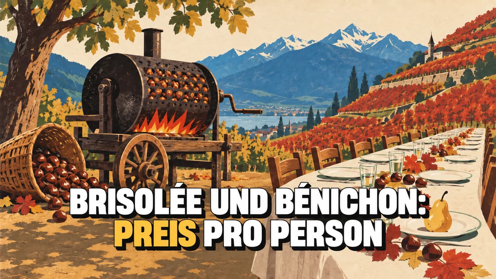 Retroplakat eines Walliser Herbstfestes mit Marroniwagen, langer Tafel und roten Weinbergen.