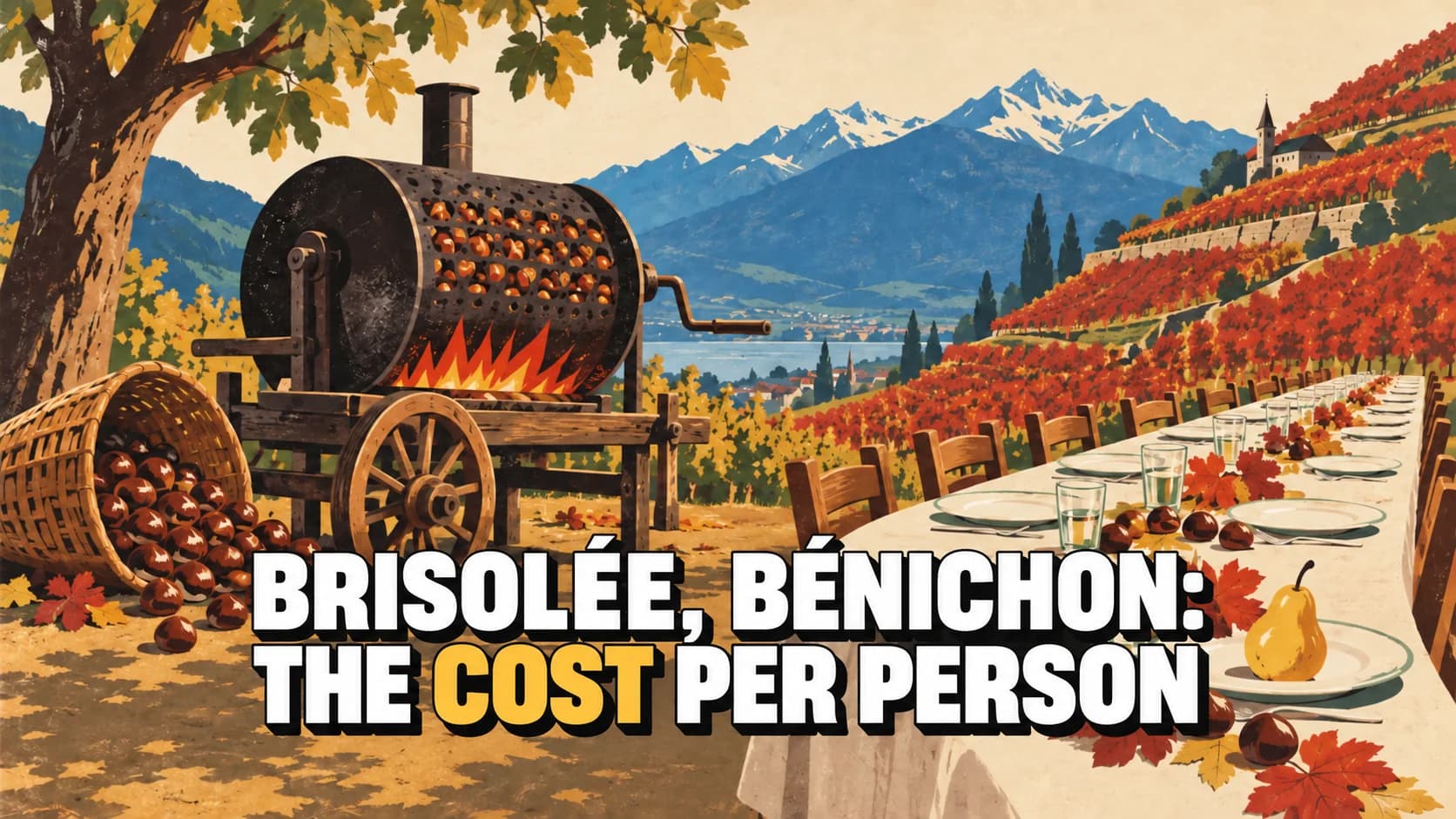 Retro poster of a Valais autumn feast with chestnuts, a long table and red vineyards.