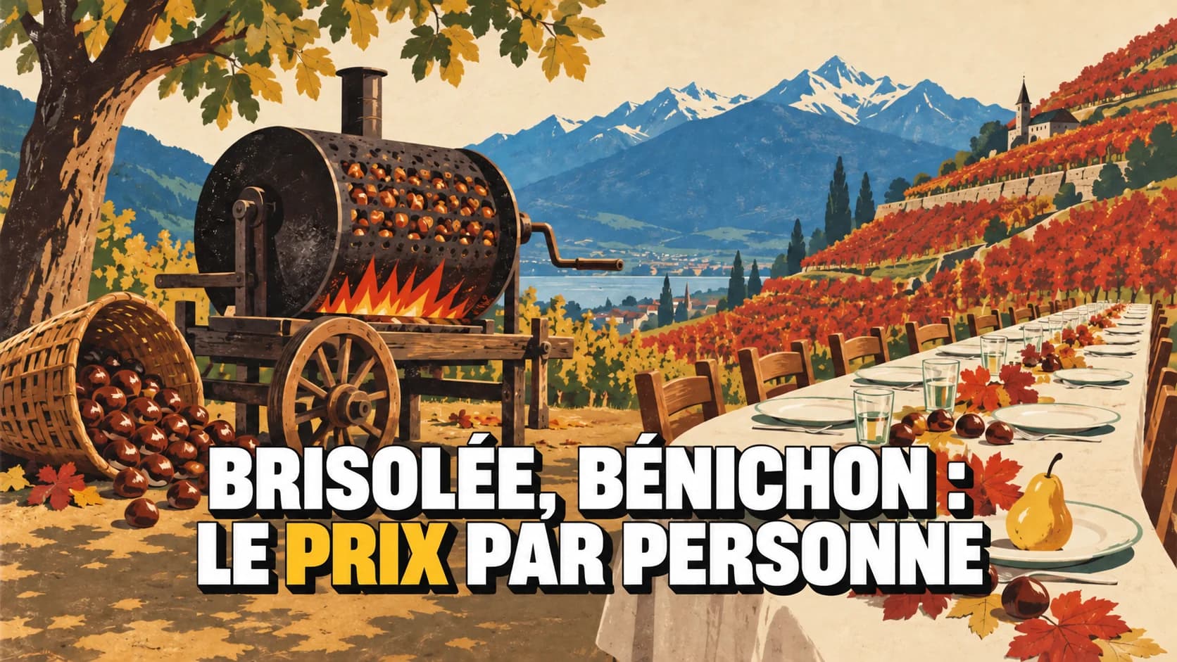 Affiche rétro d’une fête d’automne valaisanne avec marrons, grande tablée et vignes rouges.