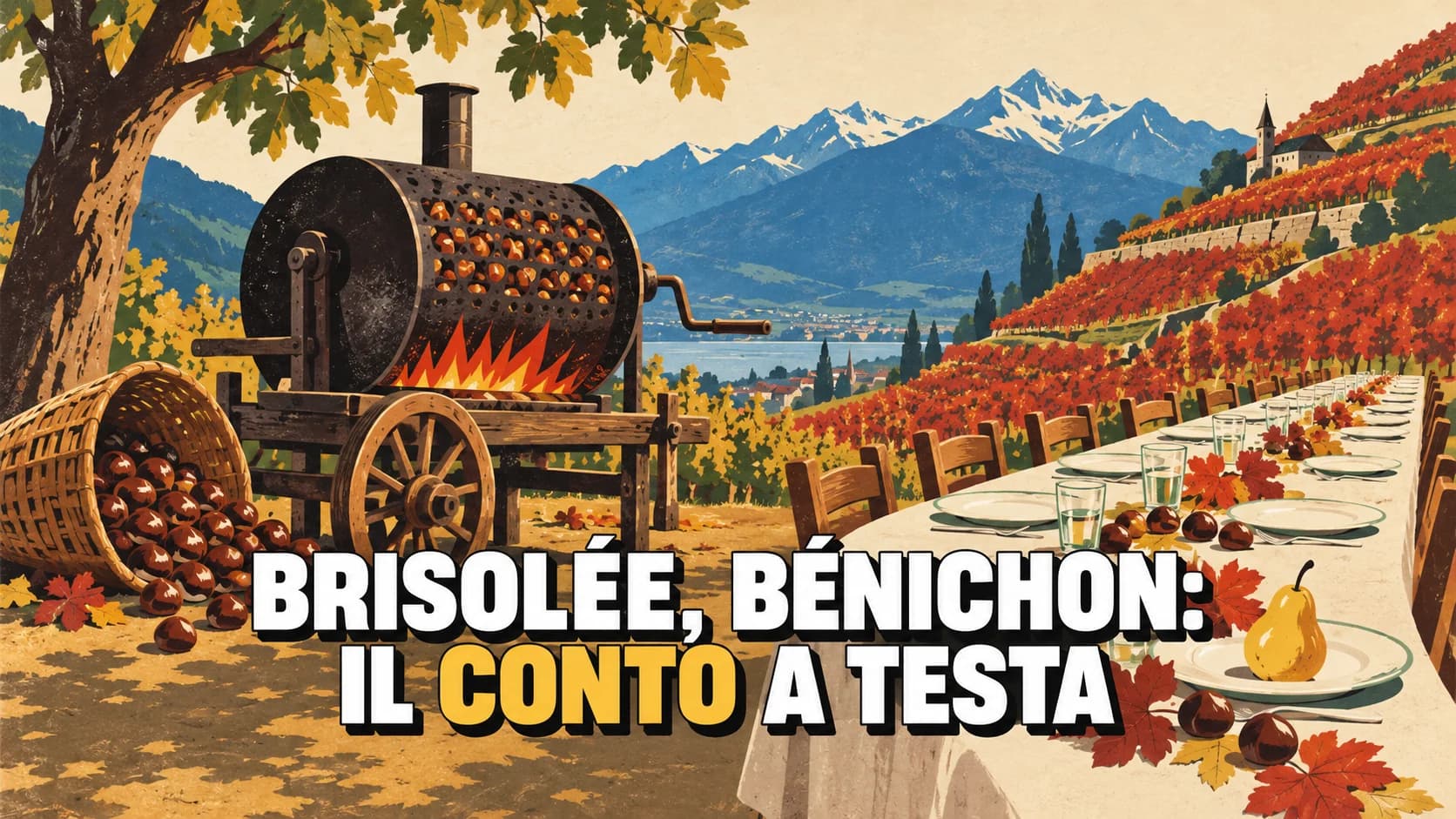 Manifesto rétro di un autunno vallesano: tamburo per castagne su un carro, tavolata lunga sotto un noce e vigne rosse sui terrazzamenti
