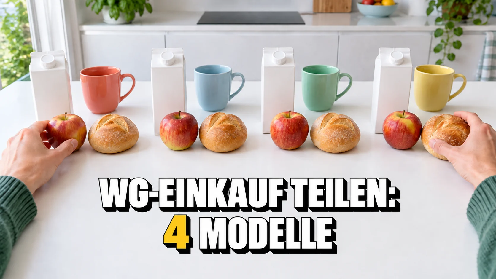 Hände teilen Lebensmittel auf einem hellen Küchentisch in vier Gruppen mit vier Tassen.