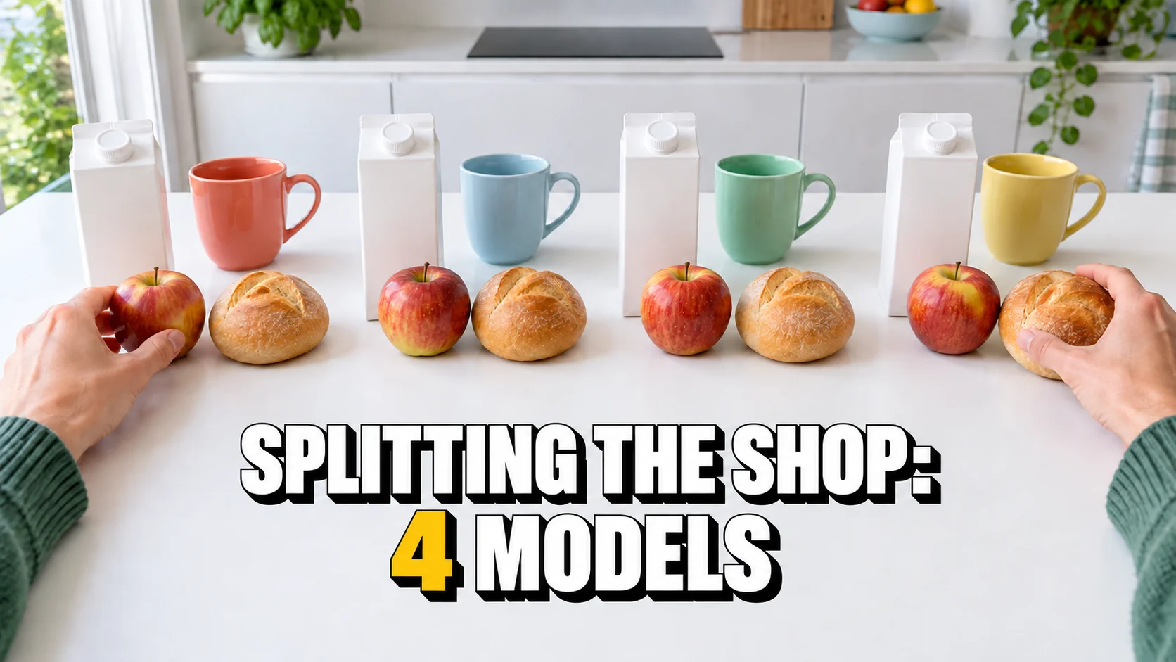 Hands divide groceries into four groups with four mugs on a bright kitchen table.