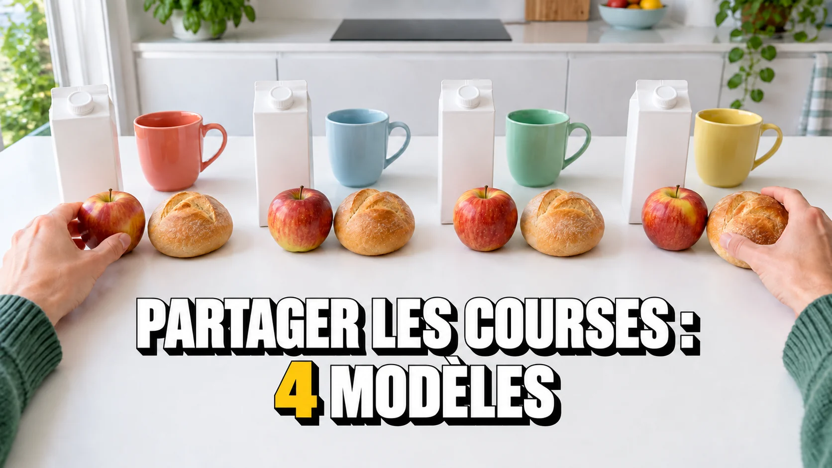 Des mains répartissent les courses en quatre groupes avec quatre tasses sur une table claire.
